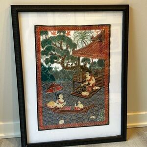 Thai Asian Sand Bead Watercolor Framed Ready to Hang 27” x 21” Art